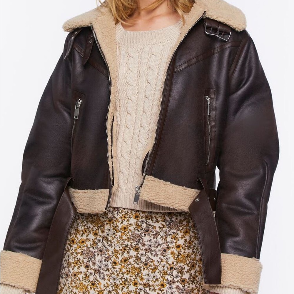 Faux Shearling-Trim Moto Jacket Size Small